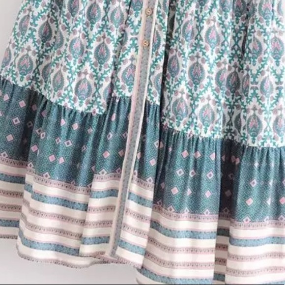 Bohemian Gypsy Print Kimono Maxi Dress Blue Cream - Picture 9 of 14